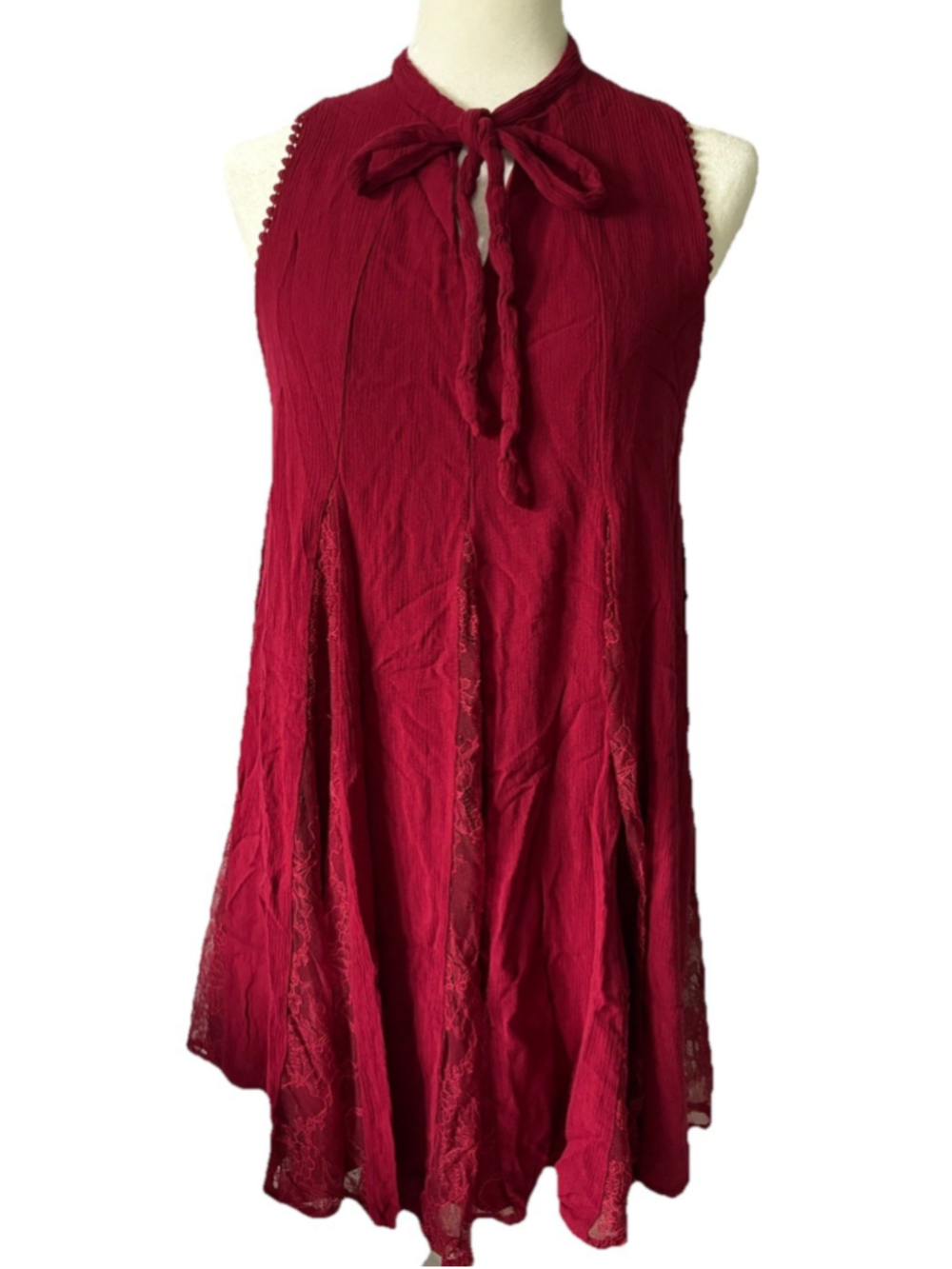 Xhilaration Burgundy Boho Mini Dress Lace Inset Tie Neck Sleeveless Red Large L